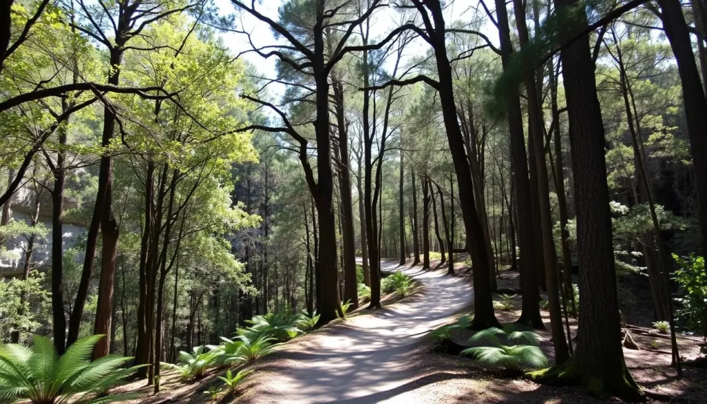 The Green Sink Trail winding through forested area with sunlight filtering through trees