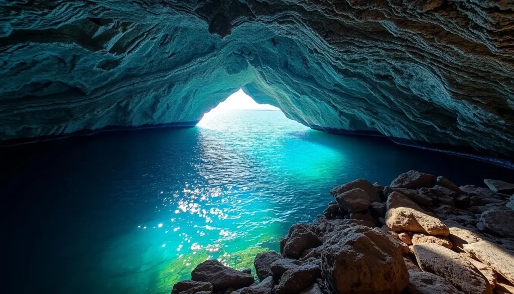 The Grotto at Bruce Peninsula National Park showing turquoise waters and limestone cave The Grotto at Bruce Peninsula National Park showing turquoise waters and limestone cave