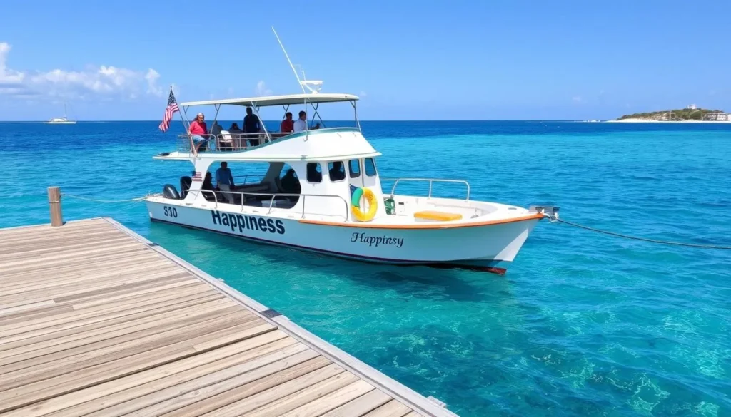 The 'Happiness' boat that transports visitors to Sandy Island from Sandy Ground, Anguilla