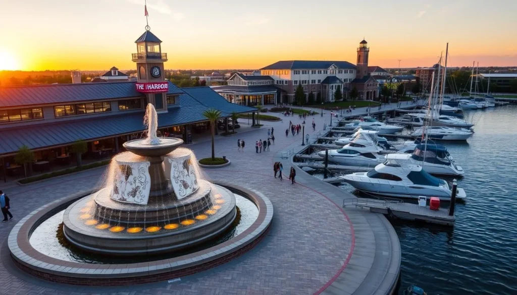 The Harbor Rockwall at sunset with fountain, lighthouse, and boats on Lake Ray Hubbard The Harbor Rockwall at sunset with fountain, lighthouse, and boats on Lake Ray Hubbard