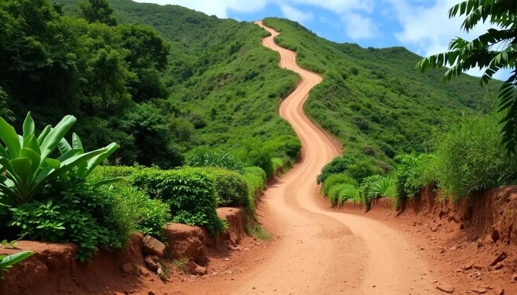 The Hill of Difficulty road leading from Bounty Bay up to Adamstown on Pitcairn Island