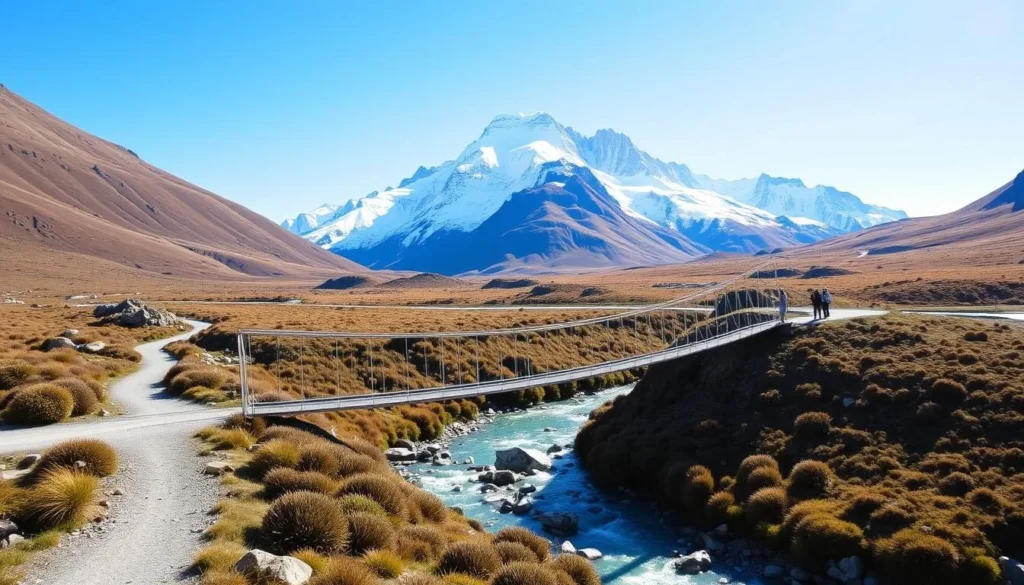 The Hooker Valley Track with suspension bridges and views toward Mount Cook