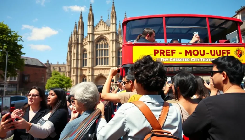 The Hop On Hop Off City Sightseeing Bus touring past Chester Cathedral with tourists taking photos