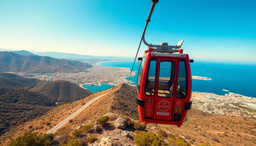 The Jounieh Teleferique cable car ascending toward Harissa with panoramic views of Jounieh Bay below The Jounieh Teleferique cable car ascending toward Harissa with panoramic views of Jounieh Bay below