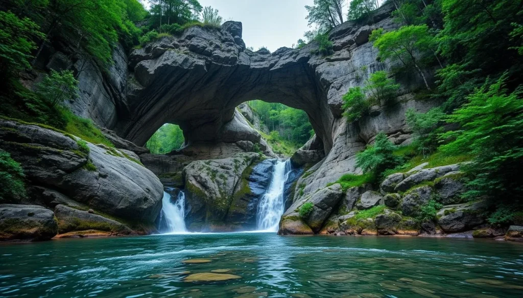 The Karst Bridge and Kuperlya Waterfall in Bashkiriya National Park The Karst Bridge and Kuperlya Waterfall in Bashkiriya National Park