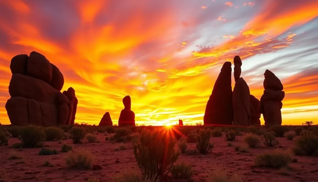 The Living Desert Sculptures near Broken Hill at sunset with dramatic sky