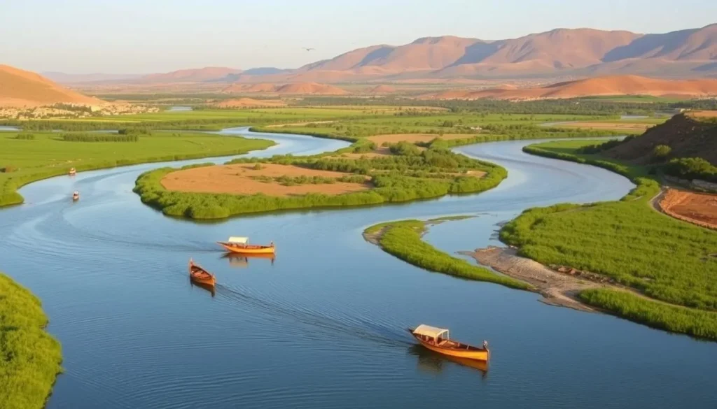 The Loukkos River valley near Ksar El Kebir with lush vegetation and traditional fishing boats