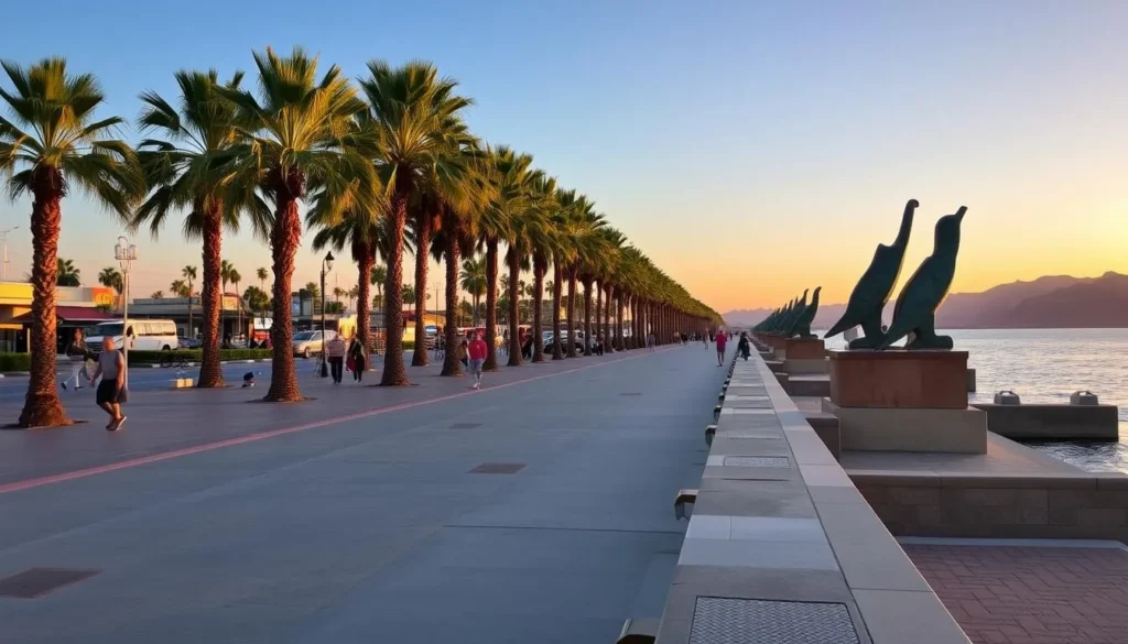 The Malecón waterfront promenade in La Paz with sculptures and palm trees The Malecón waterfront promenade in La Paz with sculptures and palm trees