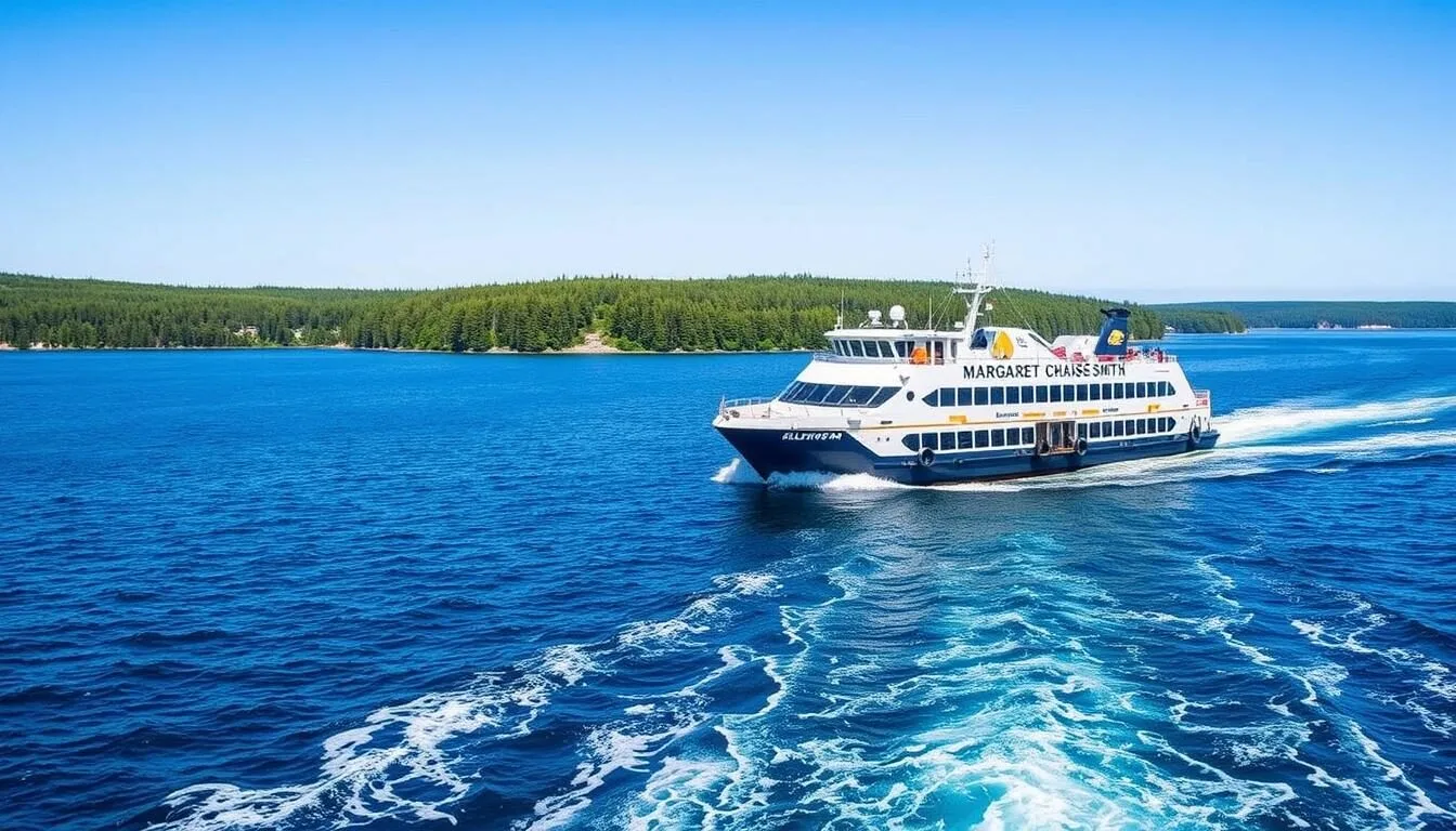 The Margaret Chase Smith ferry approaching Islesboro Island with Penobscot Bay waters and pine-covered shoreline visible