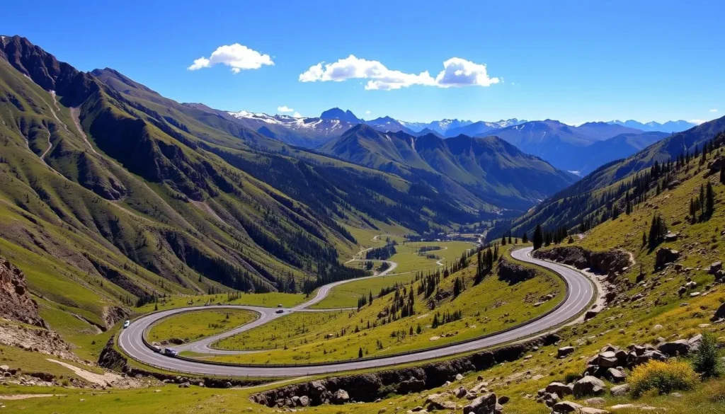 The Million Dollar Highway winding through the San Juan Mountains near Ouray Colorado during summer months