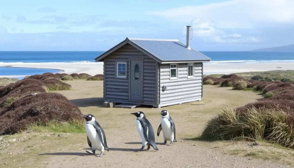 The Neck cabin accommodation on Saunders Island with penguins nearby
