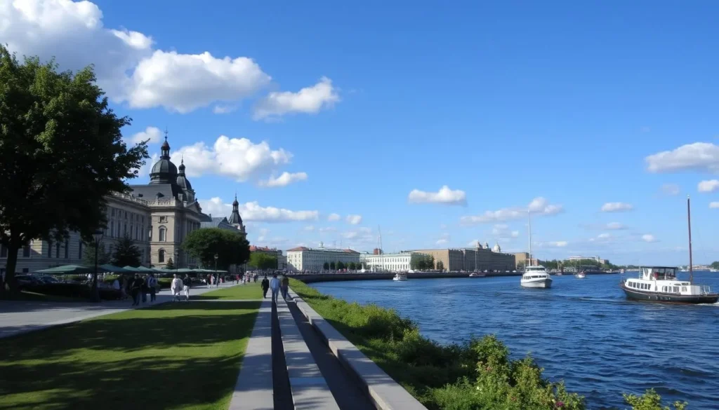 The Northern Dvina embankment in Arkhangelsk with pedestrians walking along the river