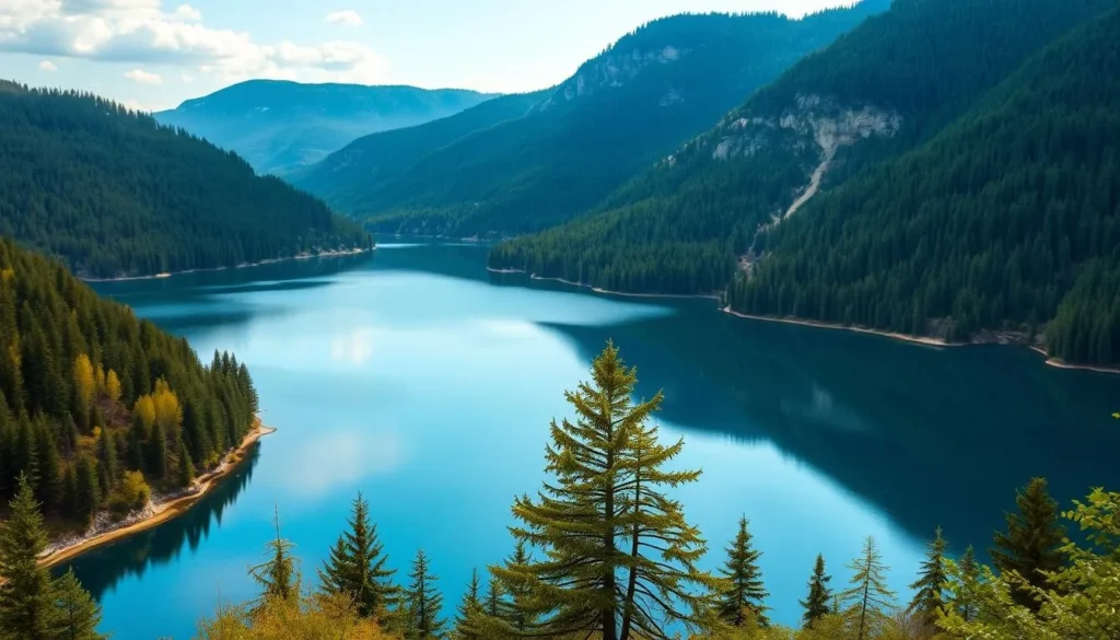 The Nugush Reservoir surrounded by forested hills in Bashkiriya National Park The Nugush Reservoir surrounded by forested hills in Bashkiriya National Park