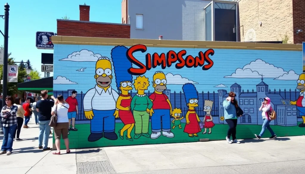 The Official Simpsons Mural in downtown Springfield with visitors taking photos The Official Simpsons Mural in downtown Springfield with visitors taking photos