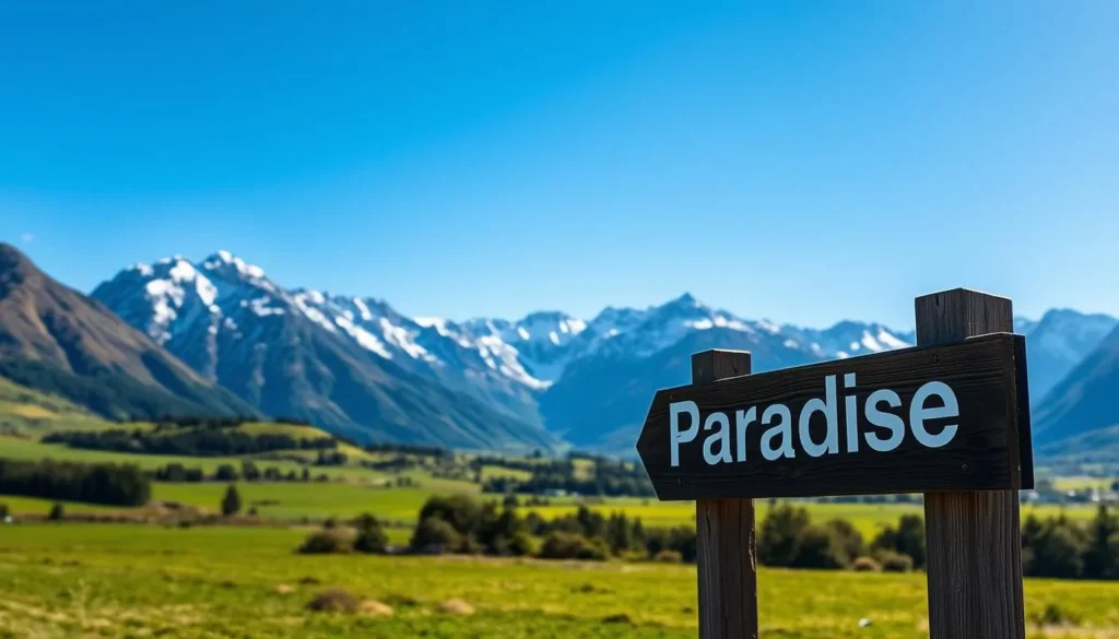 The Paradise sign on Glenorchy-Paradise Road with mountains in the background