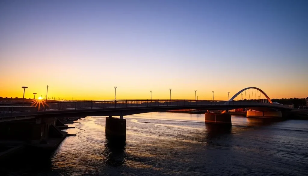 The Peace Bridge over River Foyle connecting the two sides of Derry at sunset