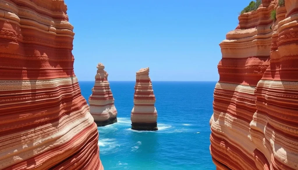 The Pinnacles rock formation near Merimbula NSW with its distinctive red and white striped cliffs