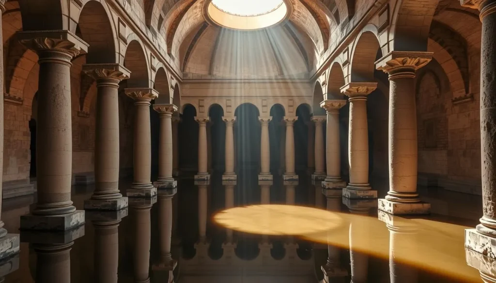 The Portuguese Cistern in El Jadida with its iconic columns and reflective water creating a mirror effect The Portuguese Cistern in El Jadida with its iconic columns and reflective water creating a mirror effect
