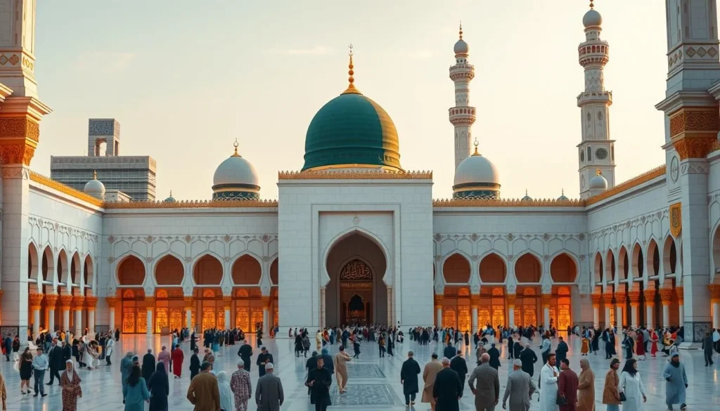 The Prophet's Mosque (Al-Masjid an-Nabawi) in Madinah with its iconic green dome and minarets, surrounded by white marble courtyards filled with worshippers
