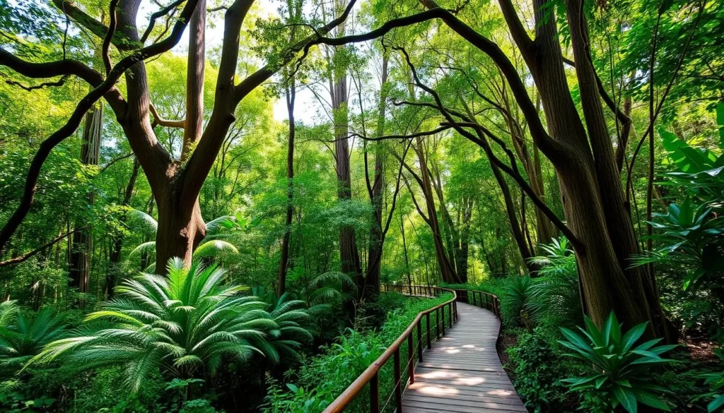 The River Walk trail in Tully Gorge National Park with boardwalks through lush rainforest