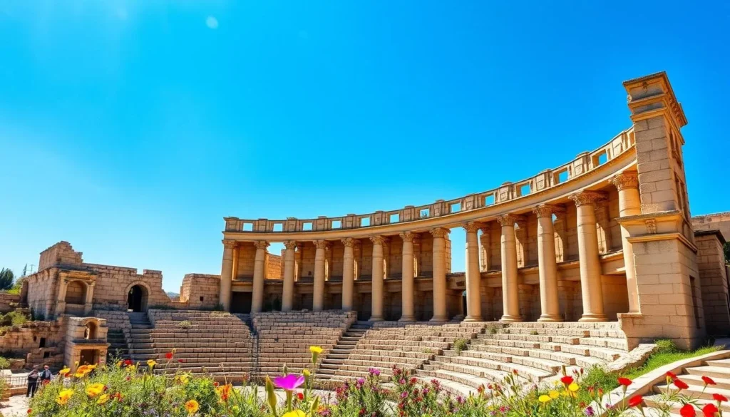 The Roman theatre of Bosra under clear blue spring skies with blooming wildflowers in the foreground
