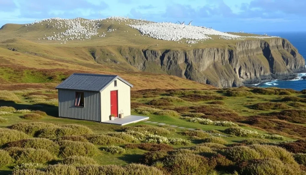 The Rookery cabin on Saunders Island with black-browed albatross colony visible nearby