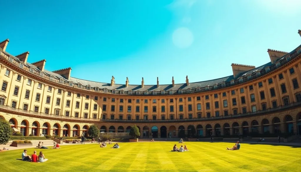 The Royal Crescent in Bath with its sweeping Georgian architecture and green lawn in front