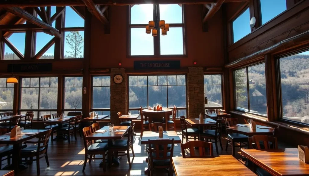 The Smokehouse restaurant at Blackwater Falls Lodge with panoramic views of the canyon