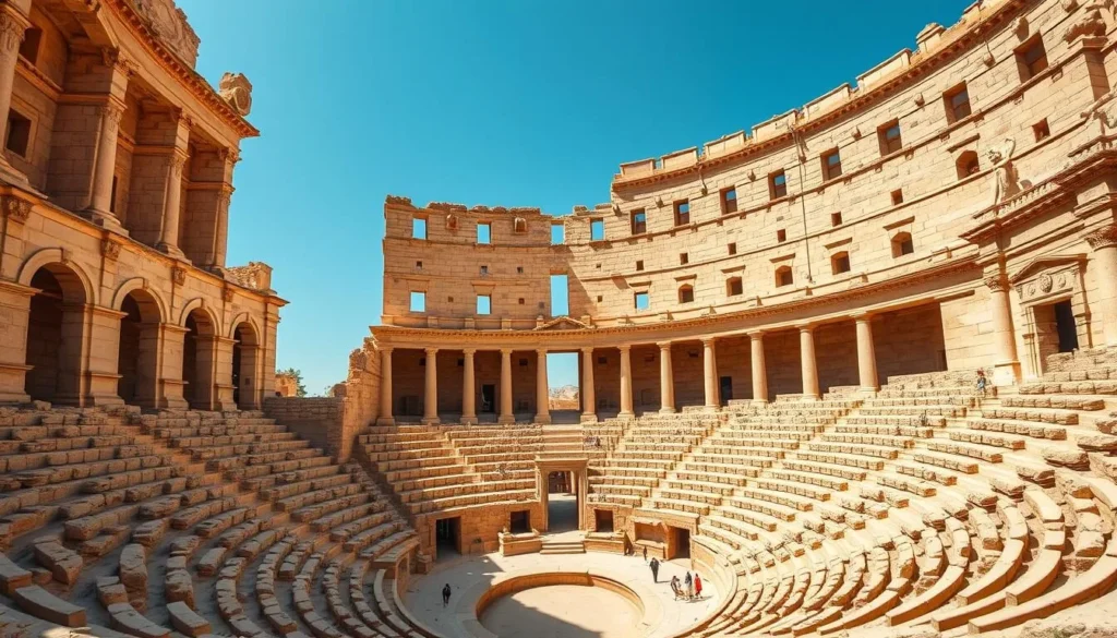 The South Theatre in Jerash showing the semi-circular seating and stage with excellent preservation
