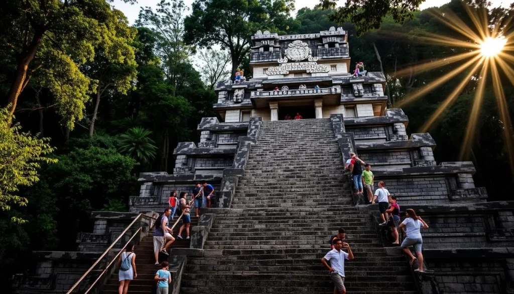 The Temple of Inscriptions at Palenque National Park with tourists climbing the steps and exploring the ancient Mayan structure