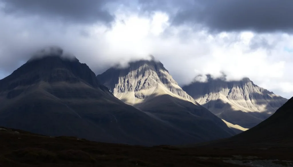 The Three Sisters mountains of Glencoe with dramatic clouds and lighting