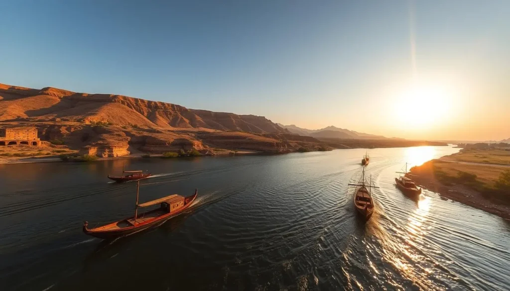 The Tigris River flowing past Nineah with boats and natural scenery