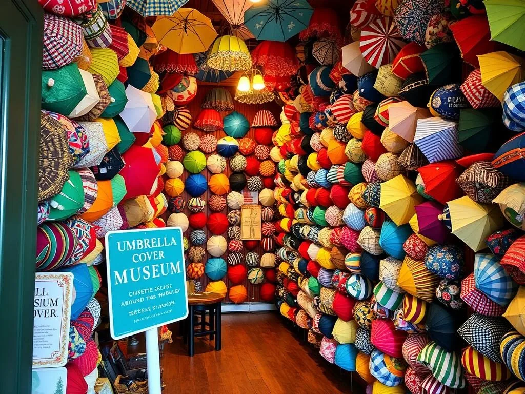 The Umbrella Cover Museum on Peaks Island displaying colorful umbrella sleeves The Umbrella Cover Museum on Peaks Island displaying colorful umbrella sleeves