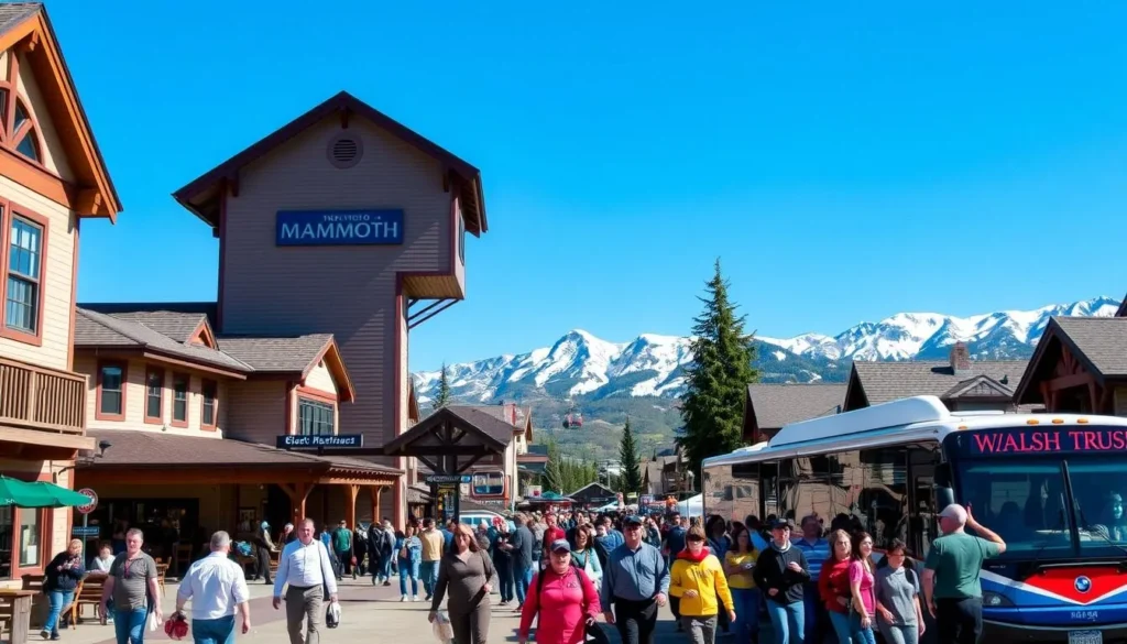 The Village at Mammoth with gondola and public transportation shuttle visible