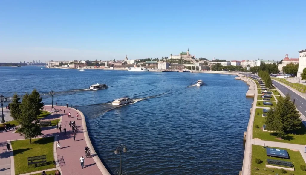 The Volga River embankment in Kazan with boats and recreational areas