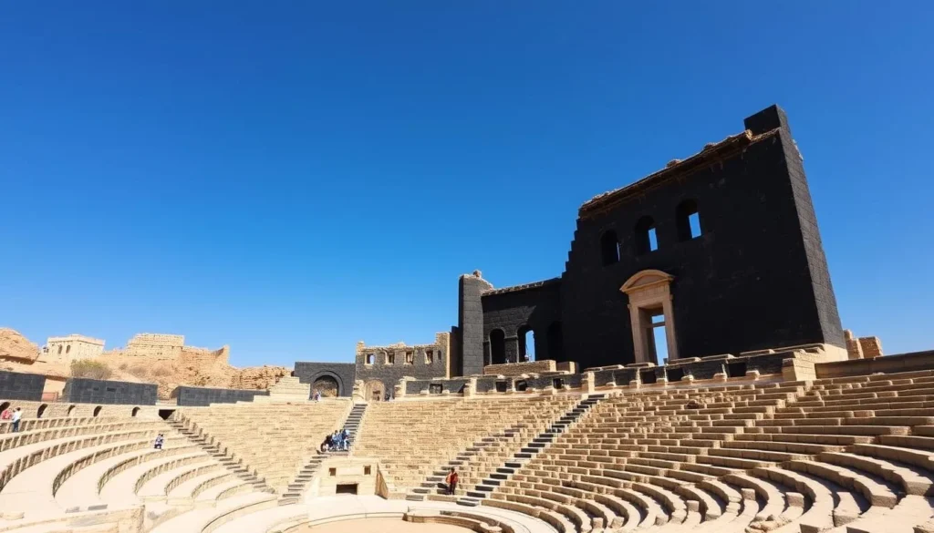 The West Theatre at Umm Qais with its distinctive black basalt architecture The West Theatre at Umm Qais with its distinctive black basalt architecture