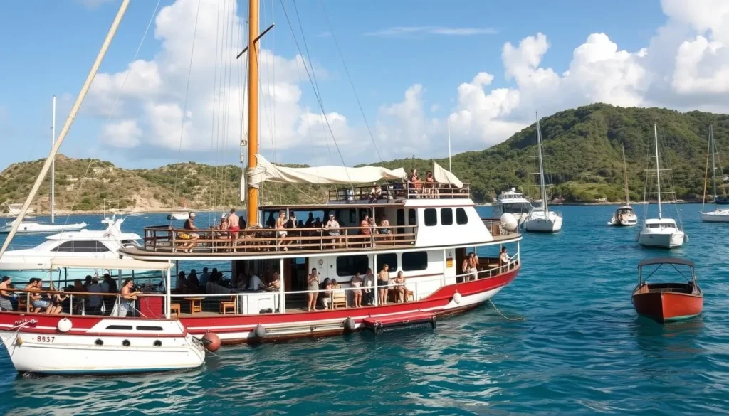 The Willy T floating bar and restaurant anchored in The Bight with patrons enjoying drinks on deck
