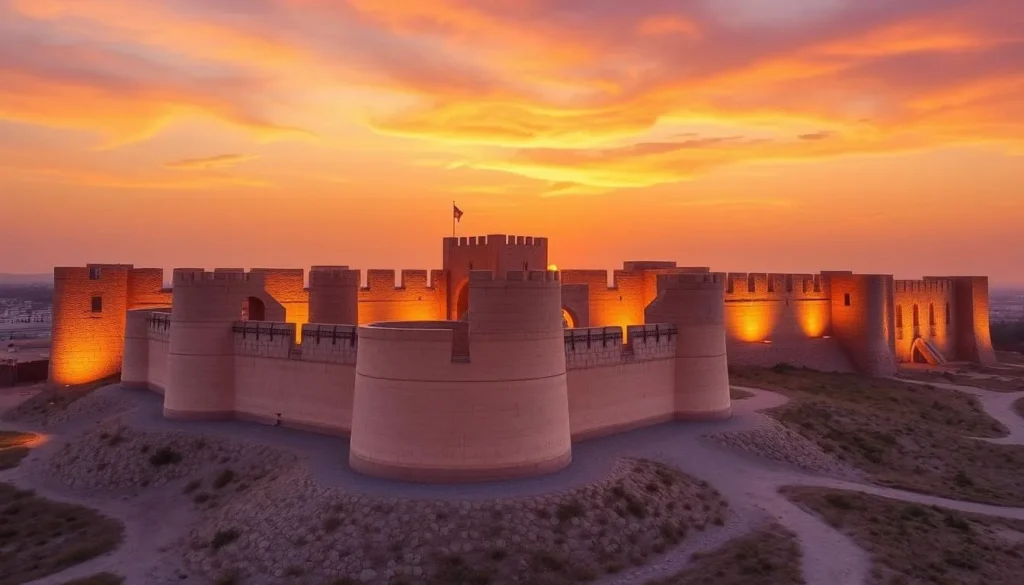 The ancient Bahrain Fort (Qal'at al-Bahrain) at sunset with its stone walls and archaeological site The ancient Bahrain Fort (Qal'at al-Bahrain) at sunset with its stone walls and archaeological site