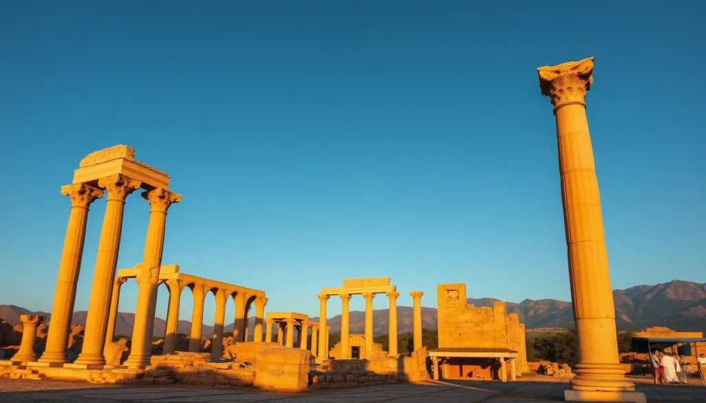 The ancient Roman ruins of Volubilis near Khemisset with well-preserved columns and mosaics