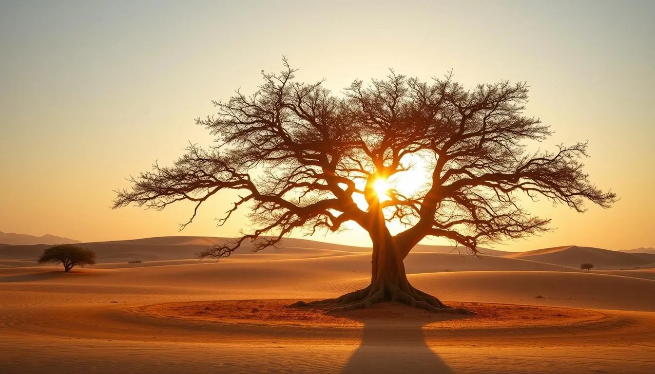 The ancient Tree of Life standing alone in Bahrain's desert at sunset, with golden light illuminating its branches against the barren landscape