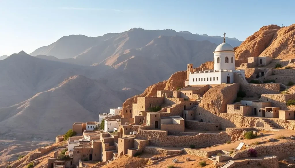 The ancient hilltop Berber village of Chenini in Tataouine with white mosque