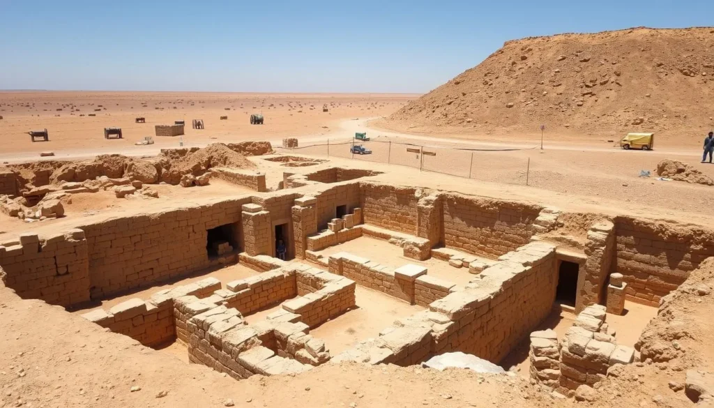 The ancient site of Tell Bi'a near Ar-Raqqah showing archaeological excavations and Mesopotamian ruins