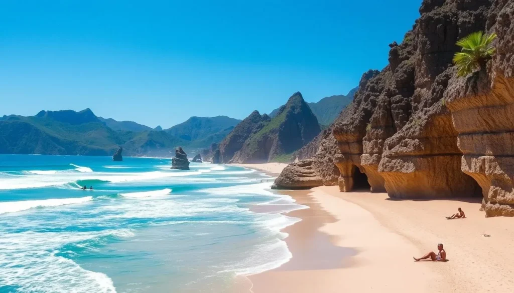 The beautiful Itacoatiara Beach in Niteroi with surfing waves and dramatic rock formations The beautiful Itacoatiara Beach in Niteroi with surfing waves and dramatic rock formations