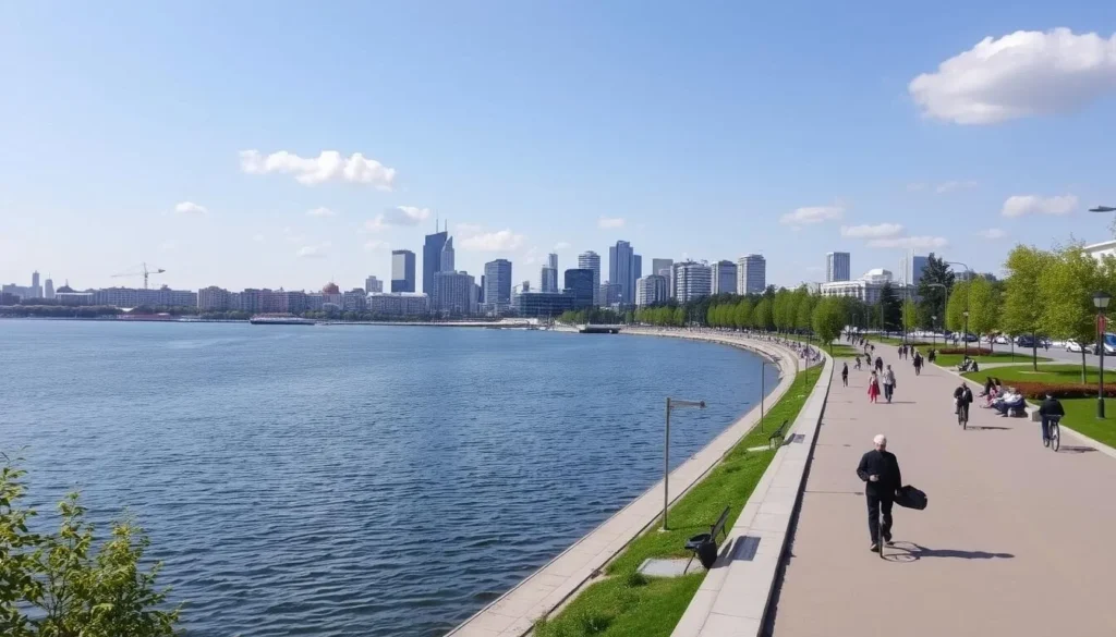 The beautiful Izhevsk Pond embankment with people walking and relaxing The beautiful Izhevsk Pond embankment with people walking and relaxing