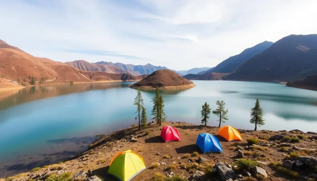 The beautiful Ranu Kumbolo Lake surrounded by hills with tents set up along its shores
