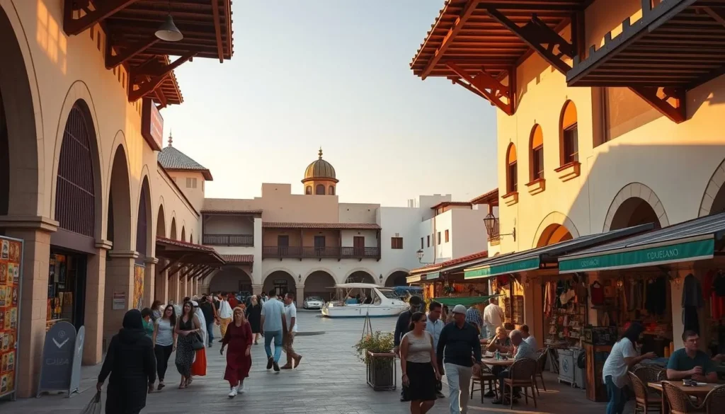 The beautifully restored Al Wakrah Souq with its traditional architecture, shops, and visitors exploring the walkways