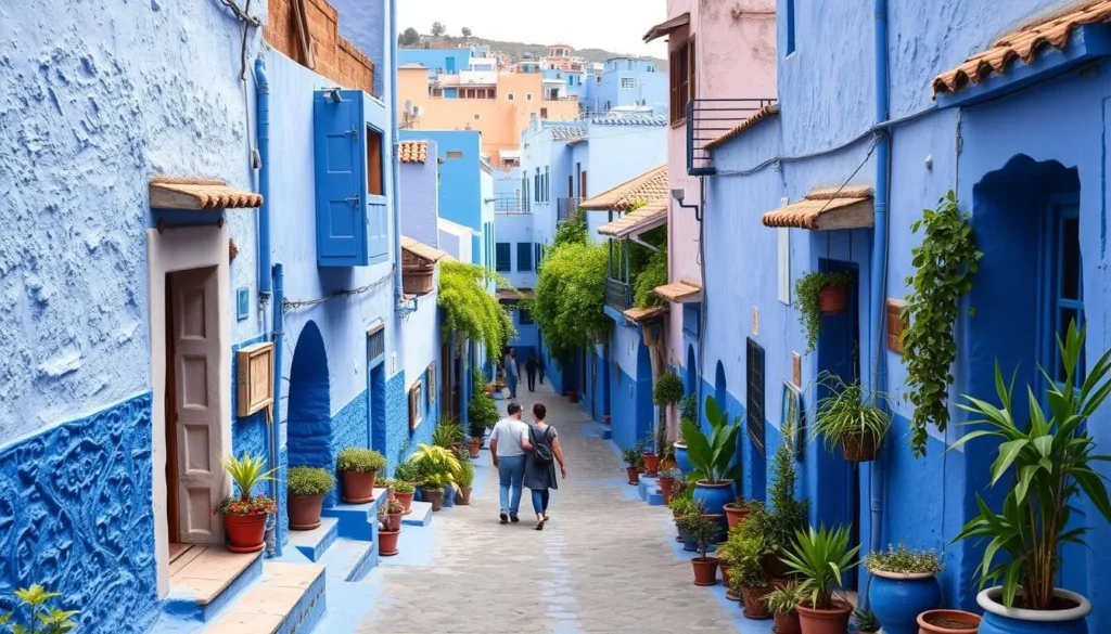The blue streets and buildings of Chefchaouen, a popular day trip from Ouazzane Morocco The blue streets and buildings of Chefchaouen, a popular day trip from Ouazzane Morocco
