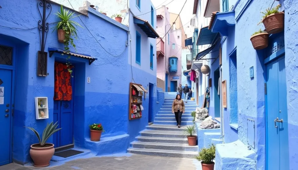 The blue streets of Chefchaouen with its distinctive blue-washed buildings and narrow alleyways