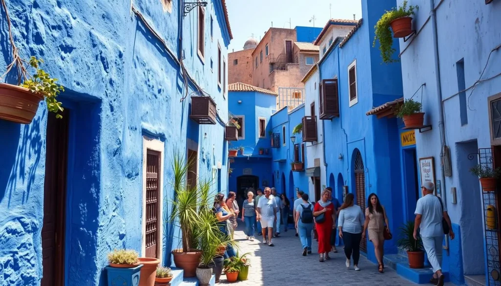 The blue-washed streets and buildings of Chefchaouen with people walking through narrow alleys