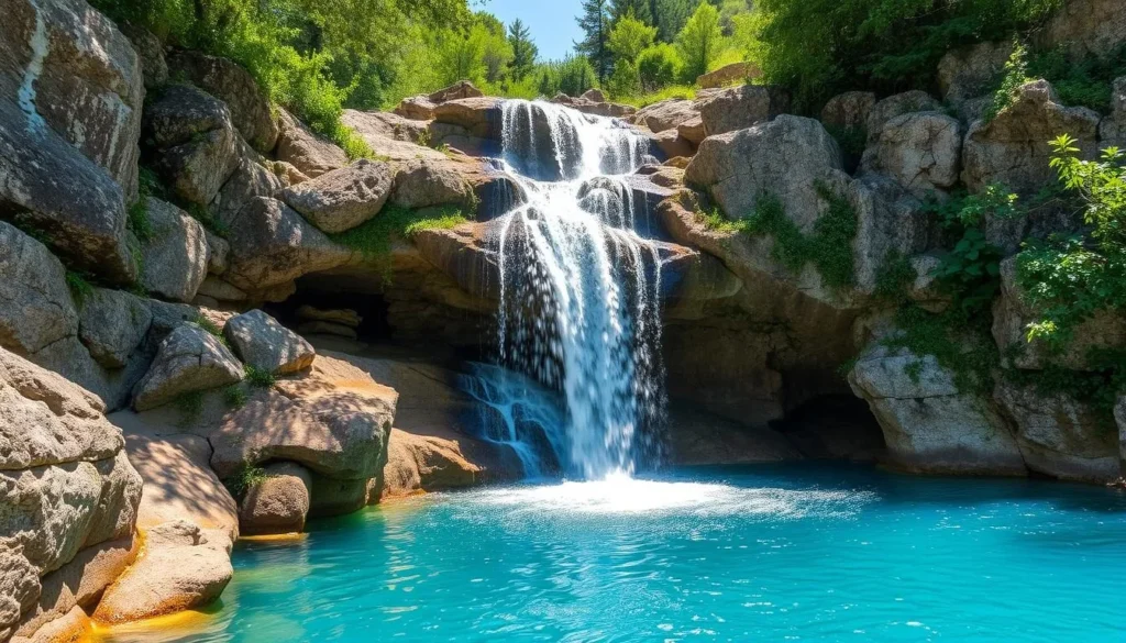 The blue waters of Shallalat Nabeh Merched waterfall in Baakline, Chouf, Lebanon